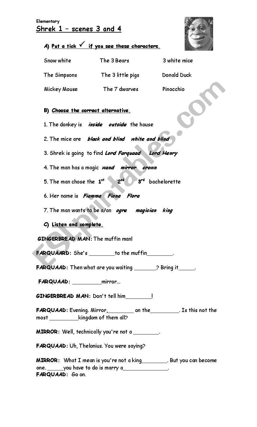 shrek 1- movie- worksheet