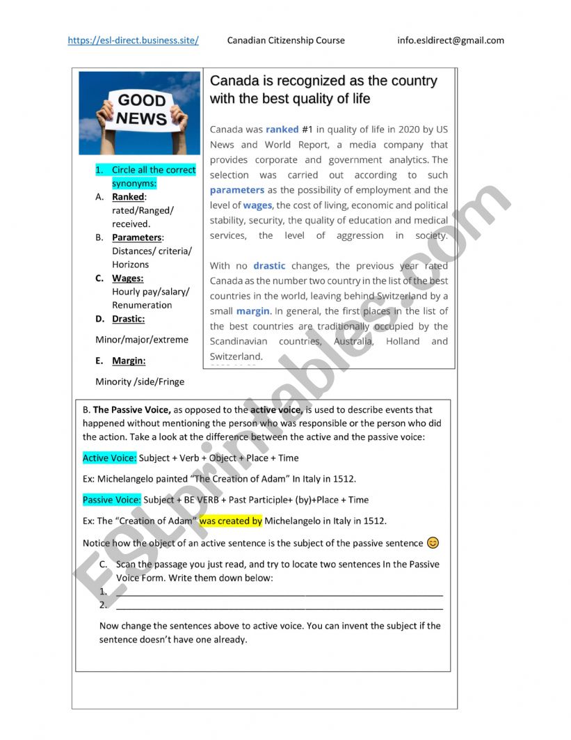 Canada Ranked #1 Country worksheet