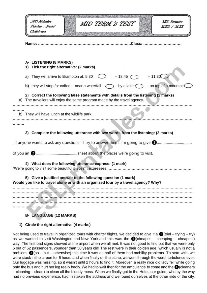 MID TERM 2 TEST 3RD FORM worksheet