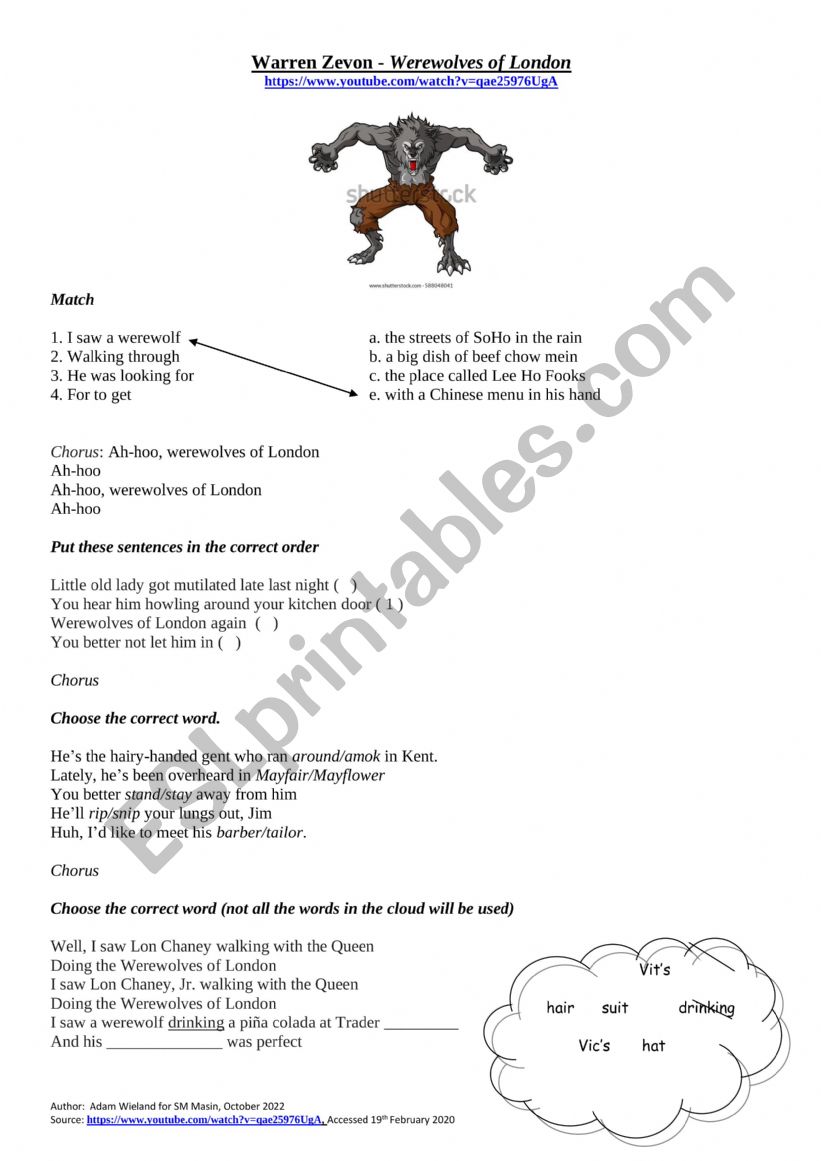 Werewolves of London (Song) worksheet