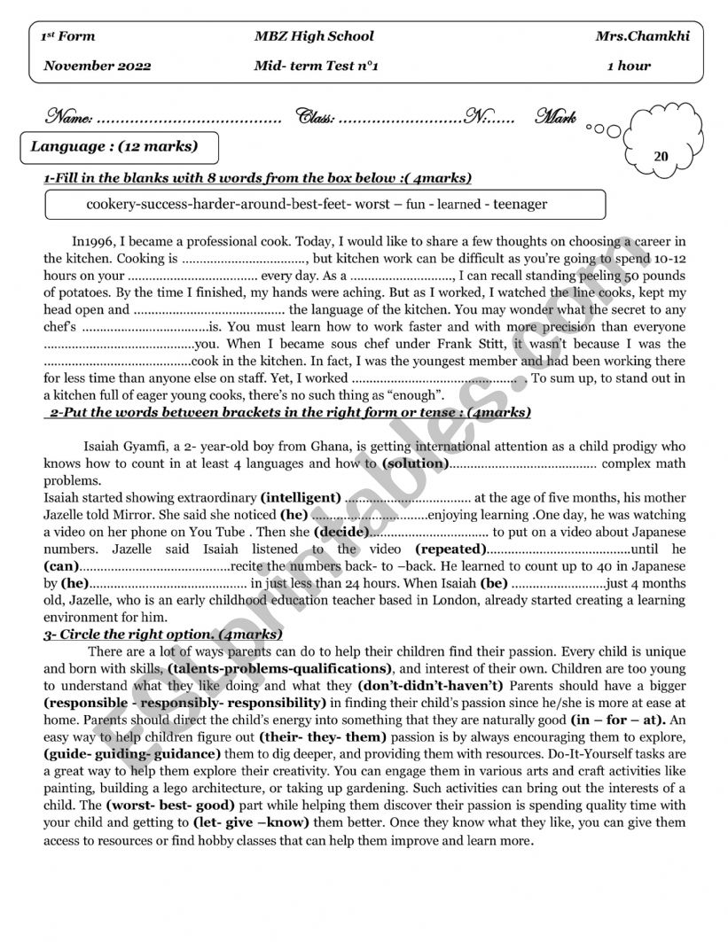 mid term 1test  worksheet