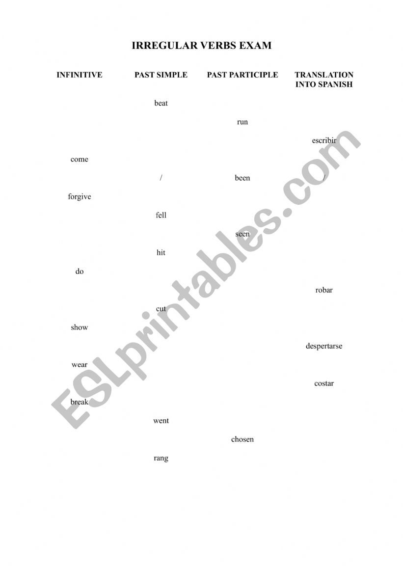 Irregular Verbs Test worksheet