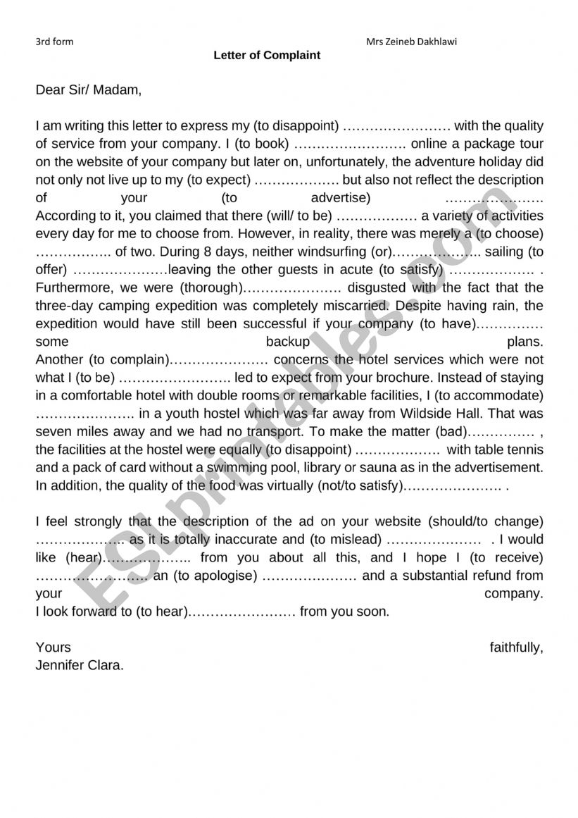 Letter of complaint  worksheet