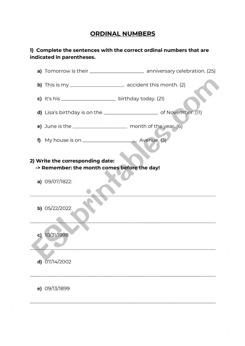 Ordinal numbers worksheet