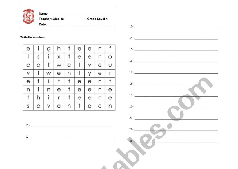 Numbers worksheet