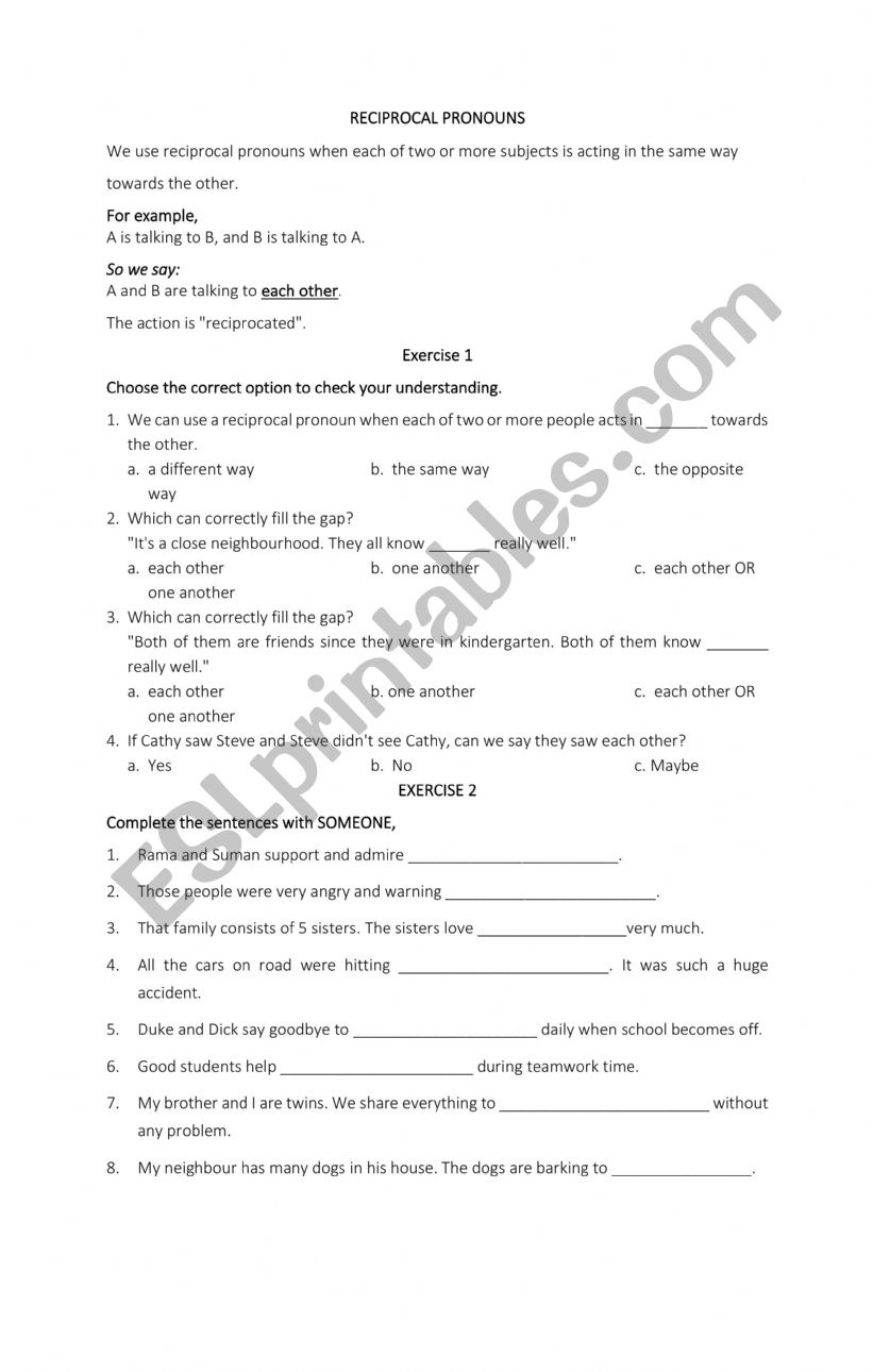 Reciprocal Pronouns worksheet