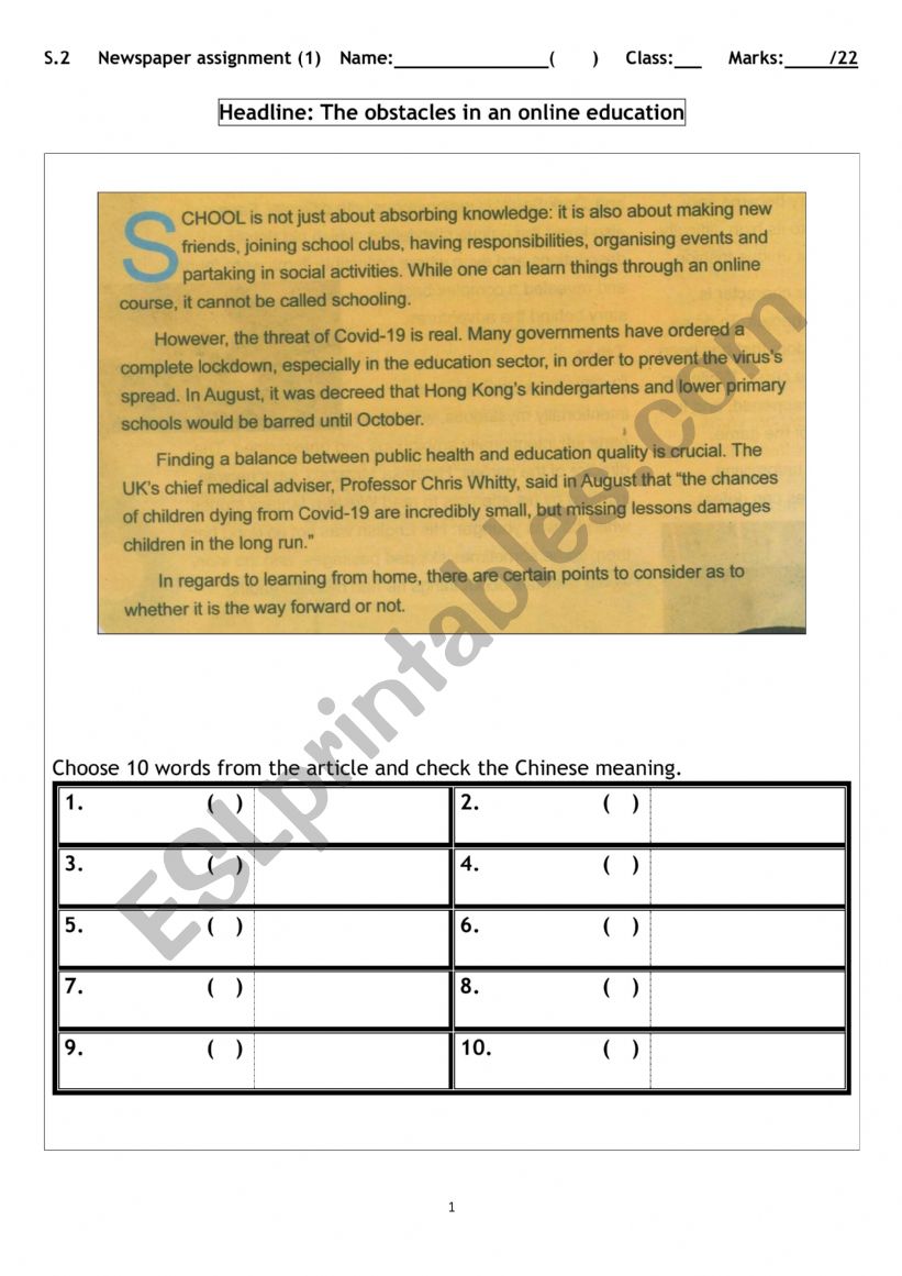 Newspaper reading 1 worksheet