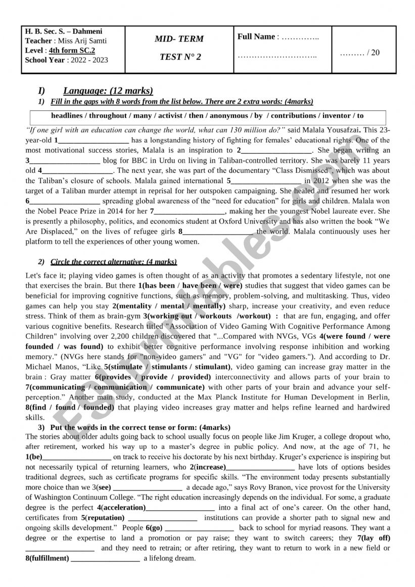 Mid Term Test 2 4th form worksheet
