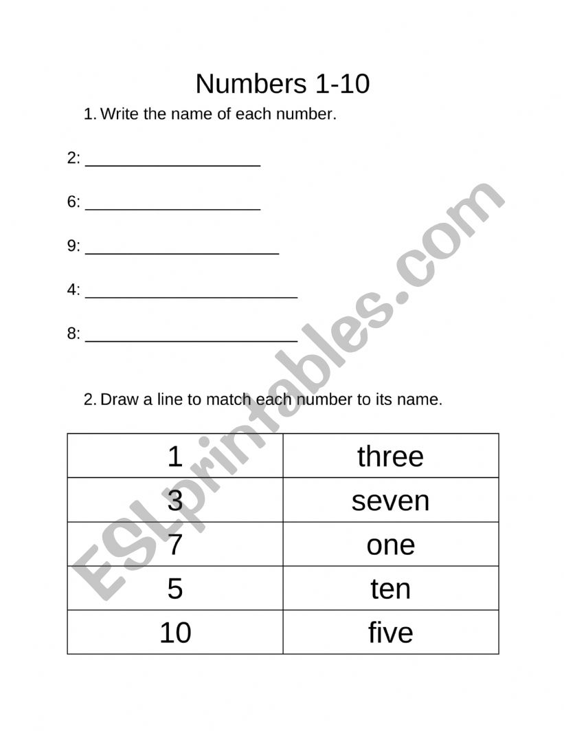 Numbers 1-10 worksheet