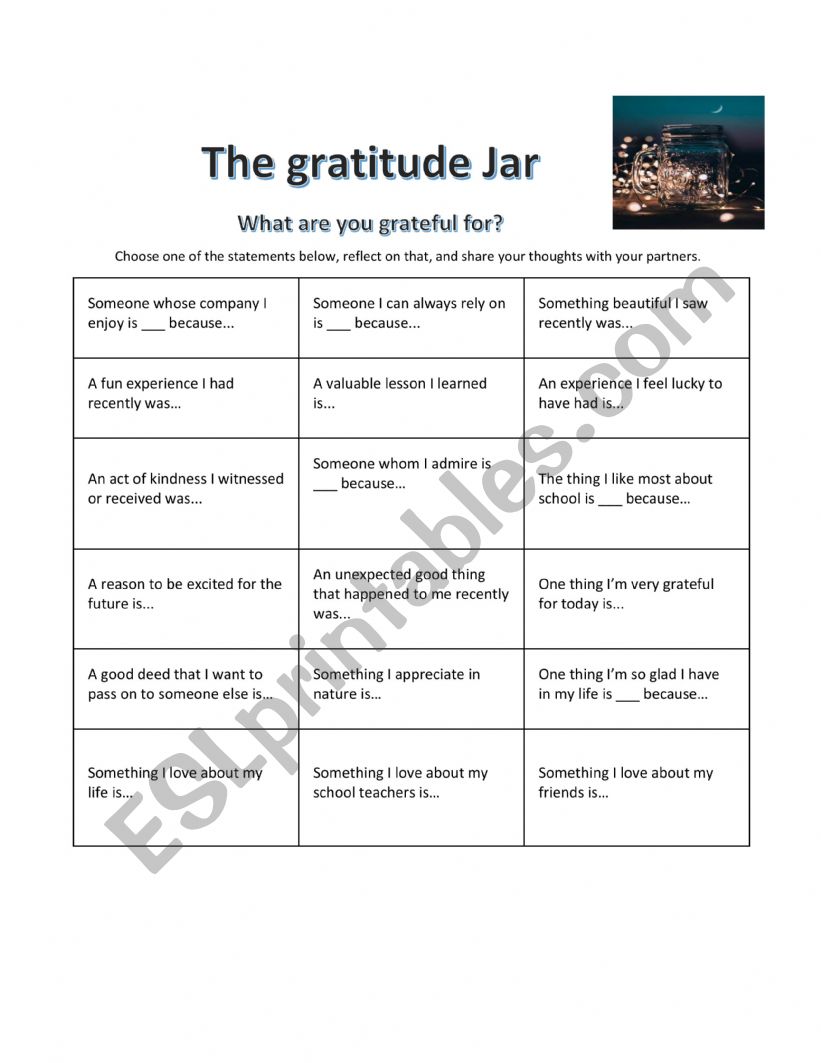 Thee gratitude chart worksheet