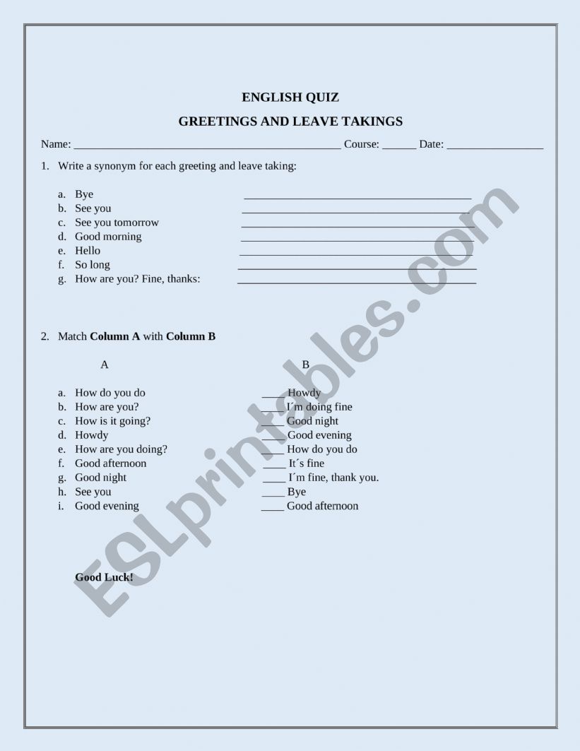 Greetings & Leave Takings Quiz