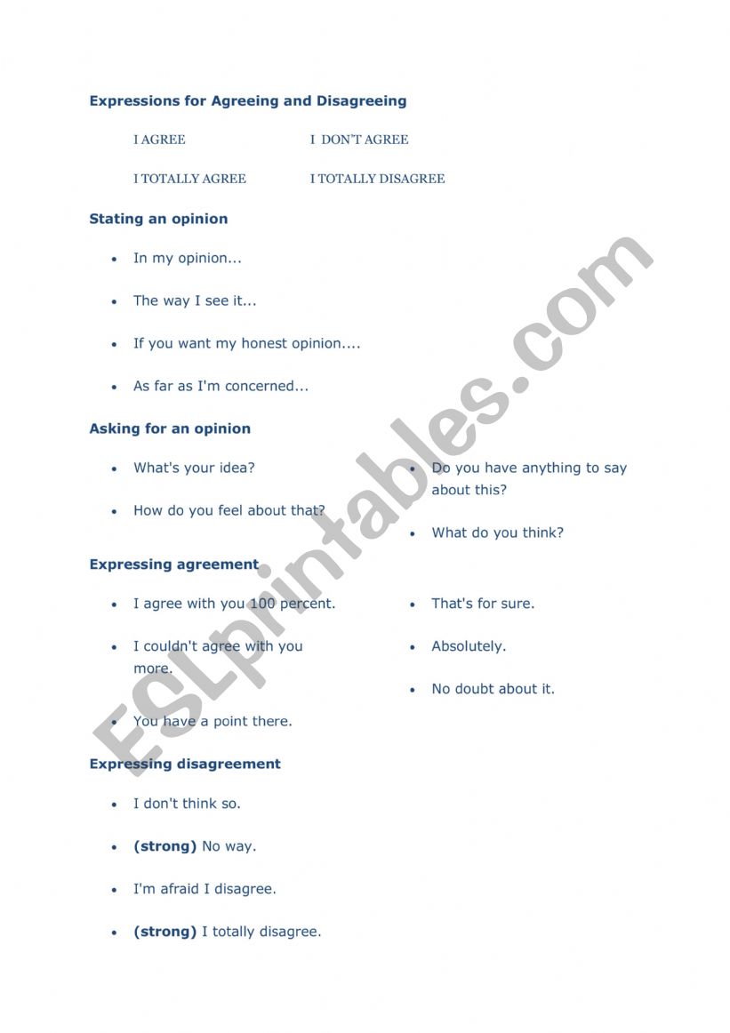 Agree or Disagree worksheet