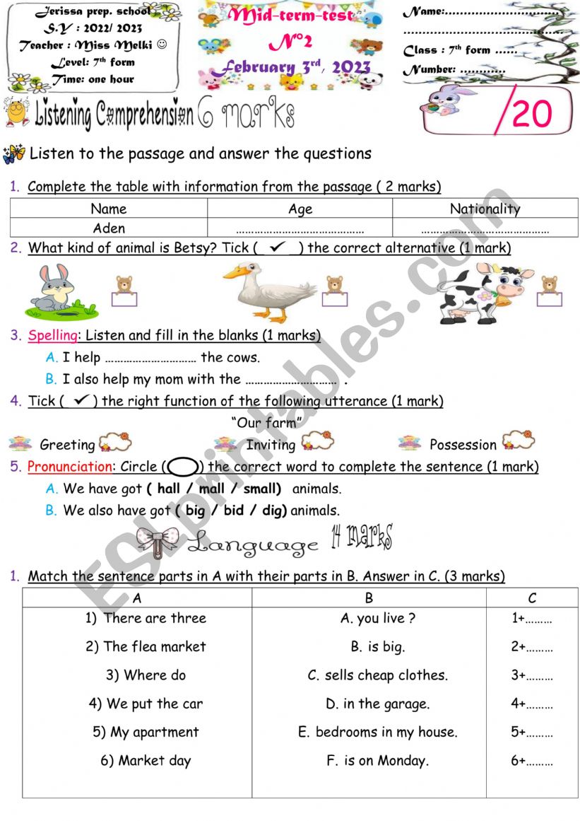 7th form test 2 worksheet
