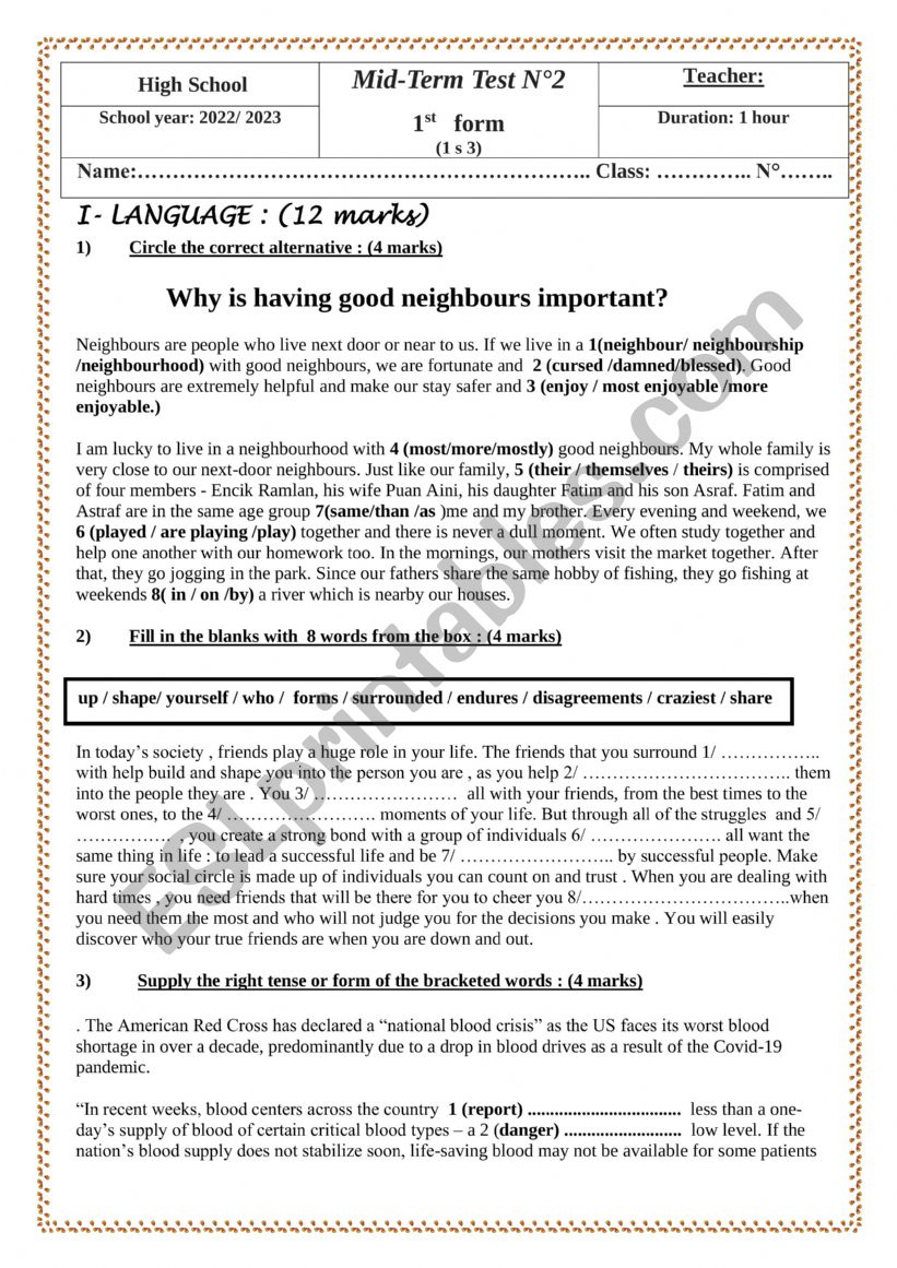 mid term test 2 1st  form worksheet