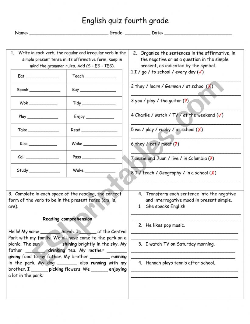 English quiz fourth grade worksheet