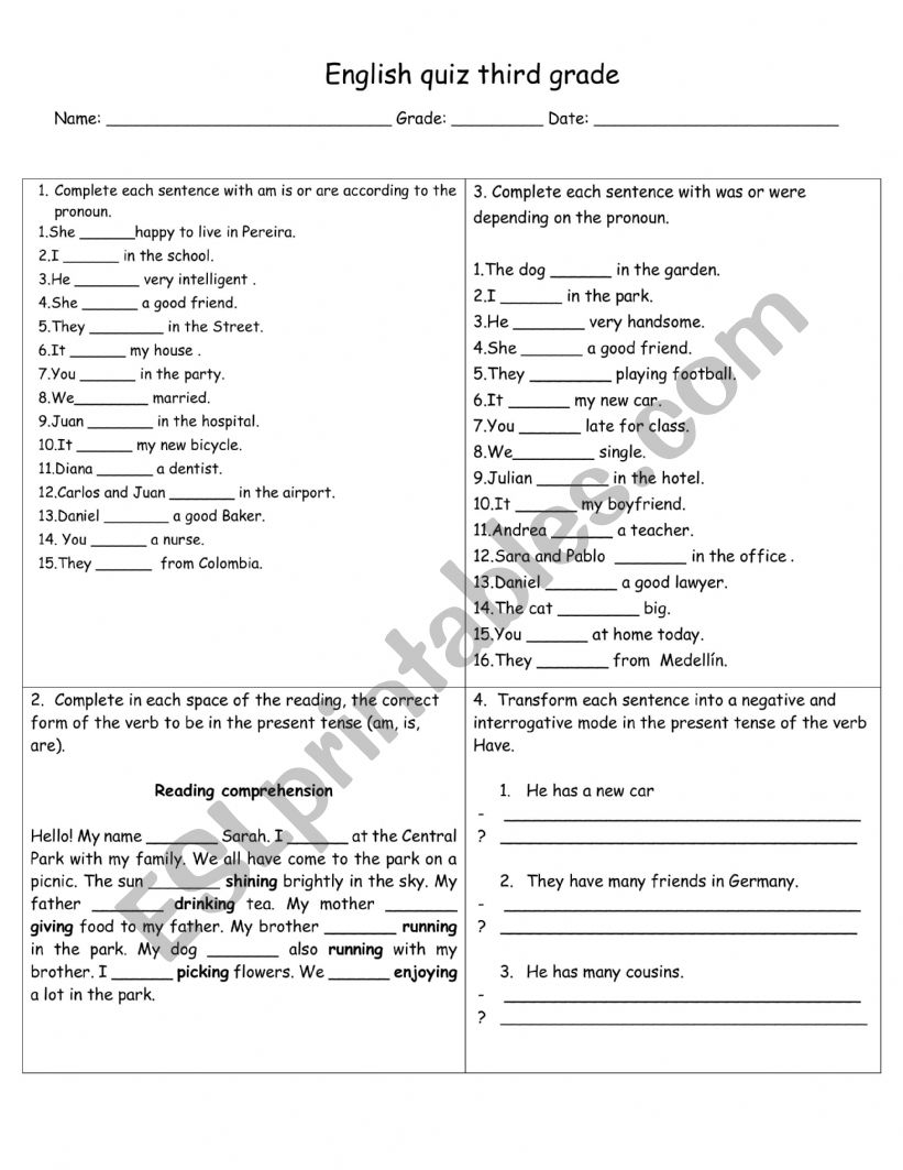 English quiz third grade worksheet