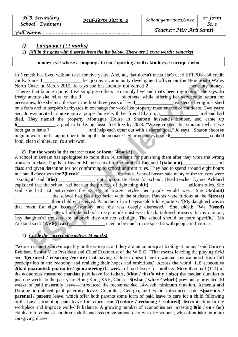 Mid Term Test for 2nd form Sciences