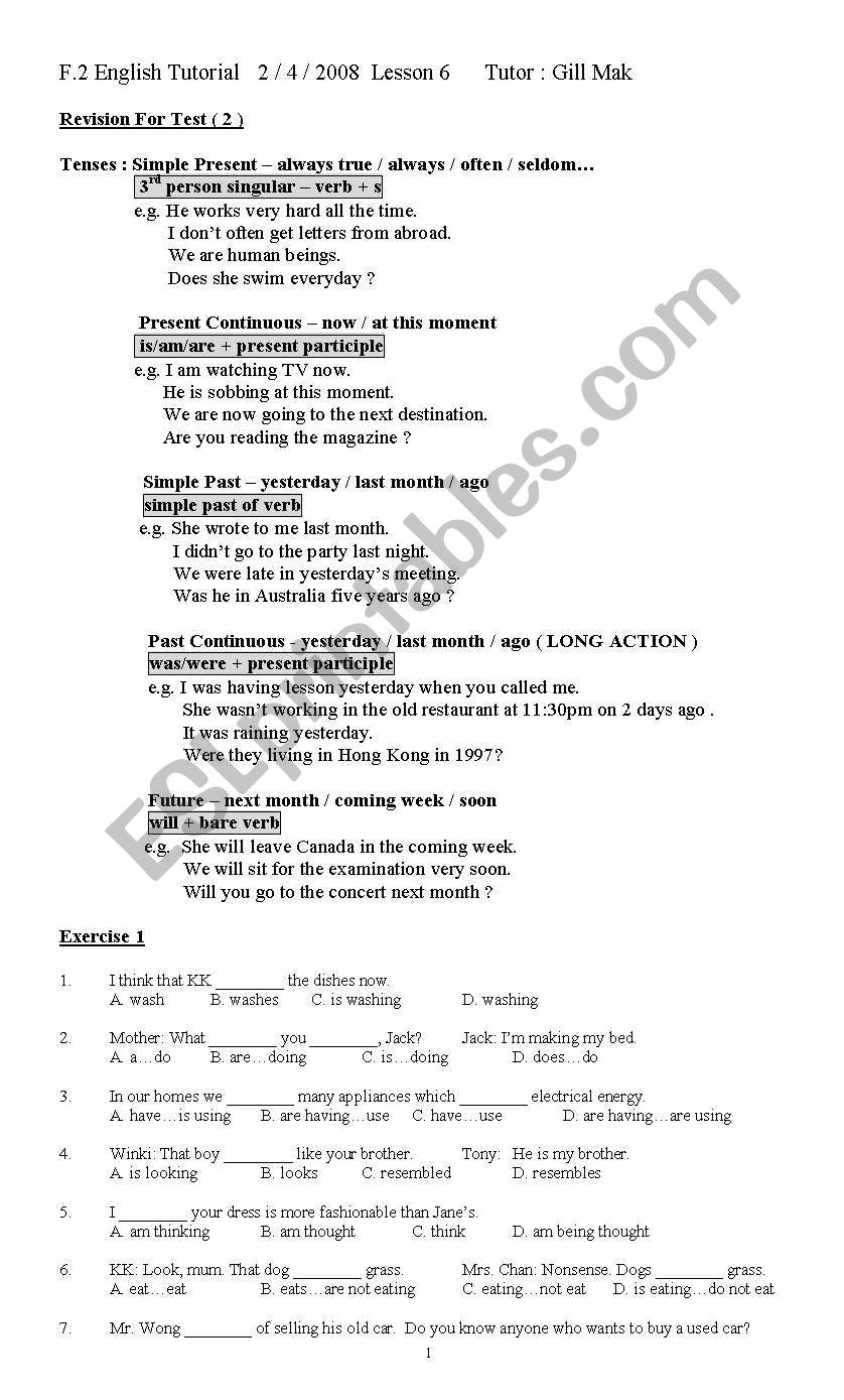 Revision of tense worksheet