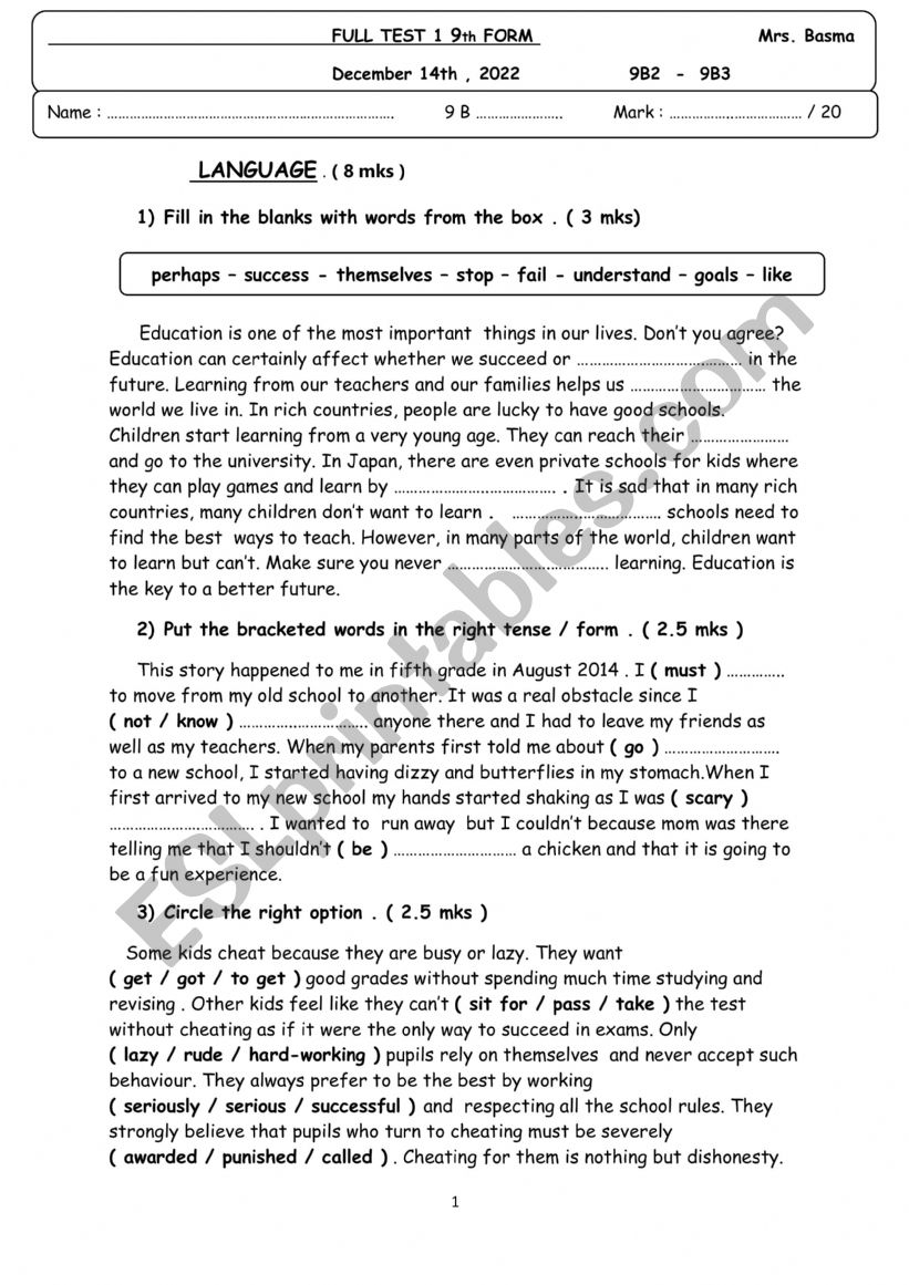 full term test 1 9th form worksheet