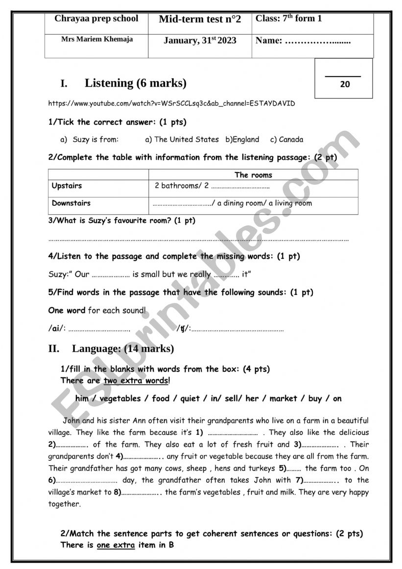 7th form mid term test 2 worksheet
