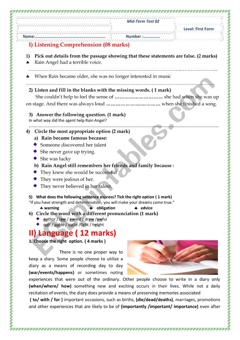 First Form Mid term test 2 worksheet