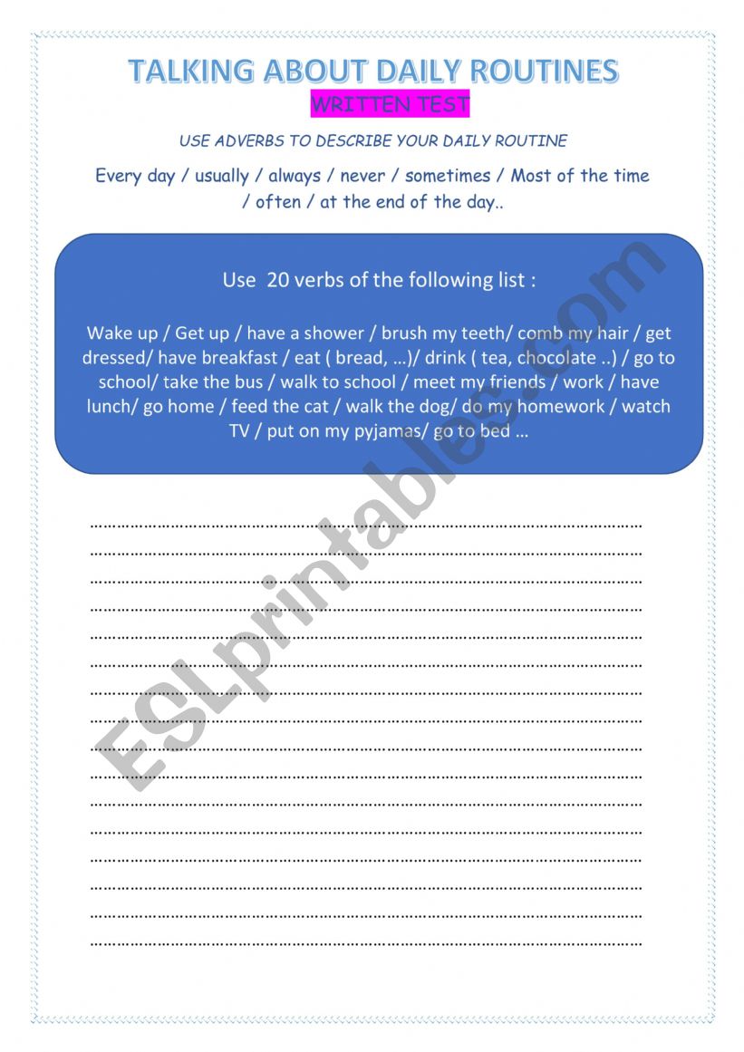 WRITE ABOUT DAILY ROUTINE worksheet