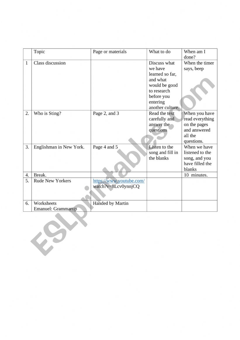 Sting worksheet