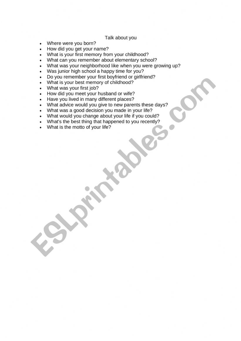 Tell us about you worksheet