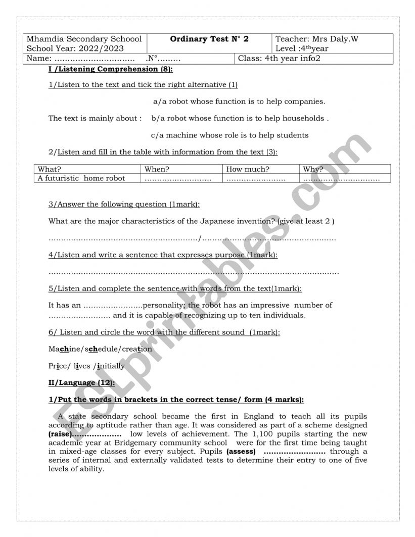 mid term test 2 for 4th year  worksheet