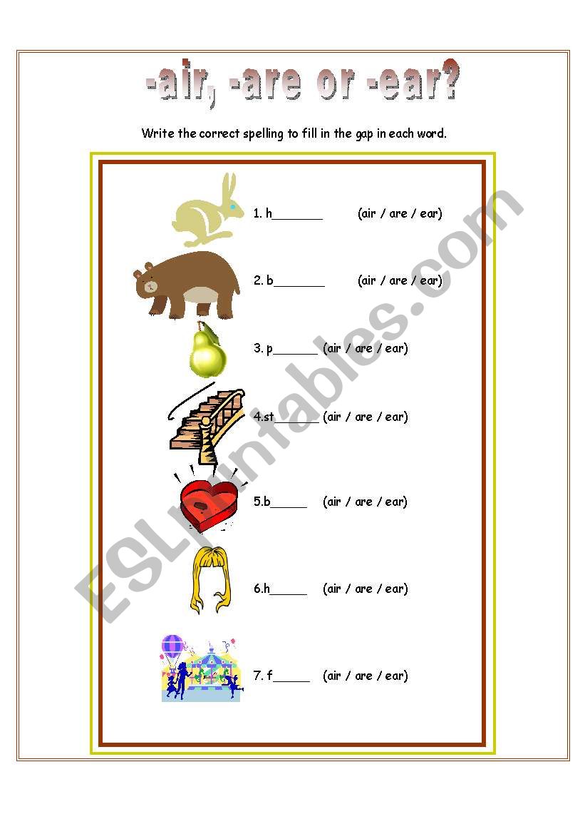 Phonemes (-air, -are,-ear) worksheet