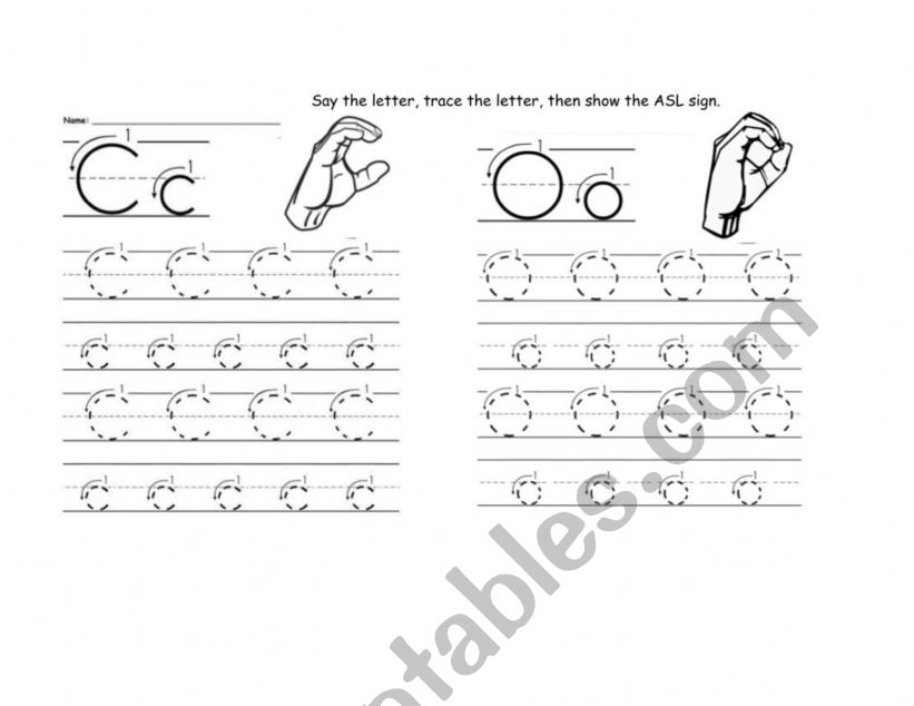 Say and Trace letters Cc, Oo, Aa, and Dd; with ASL letters