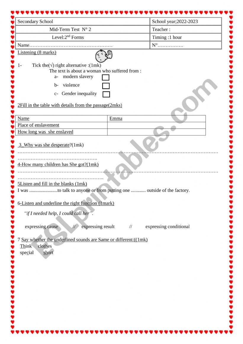 Mid-Term Test N2 2ed Forms  worksheet