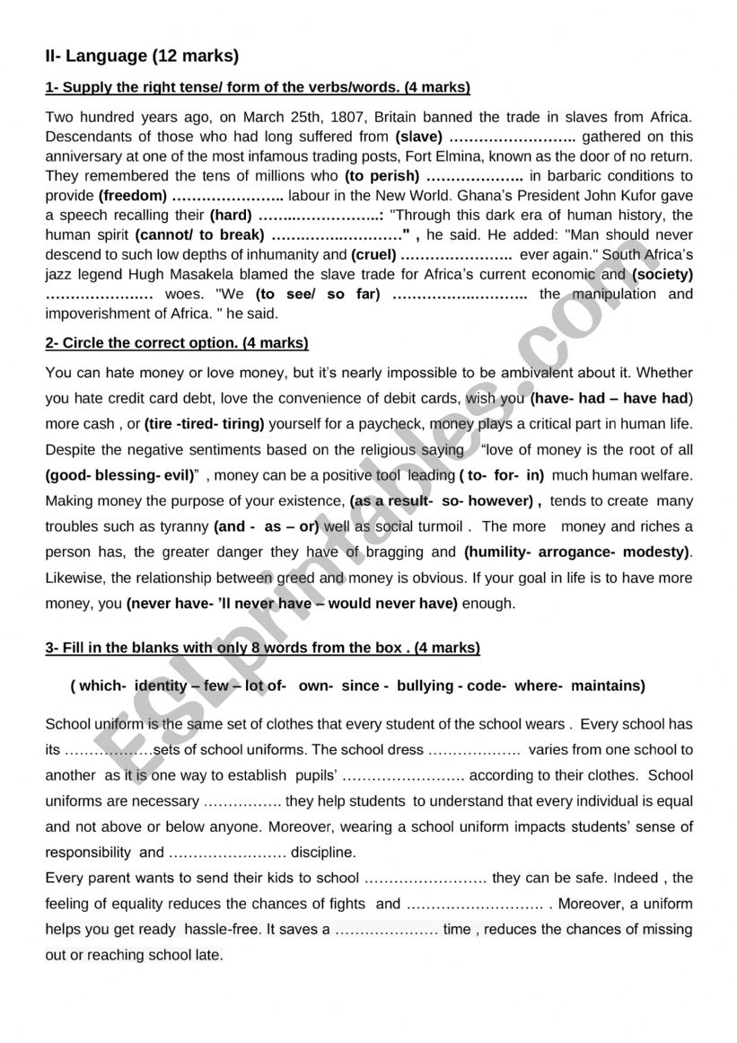 2nd form Mid of term 2 test  worksheet