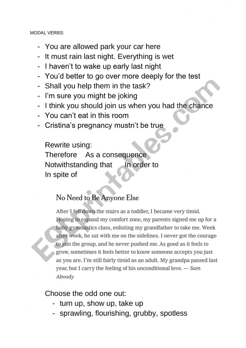 revision test worksheet
