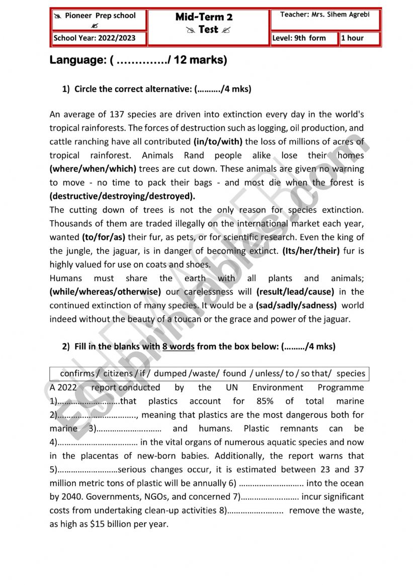 MID-TERM 2 TEST 9th form worksheet