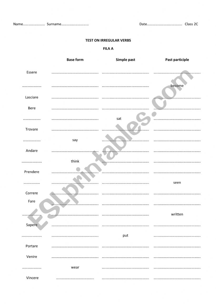 irregular verbs test worksheet