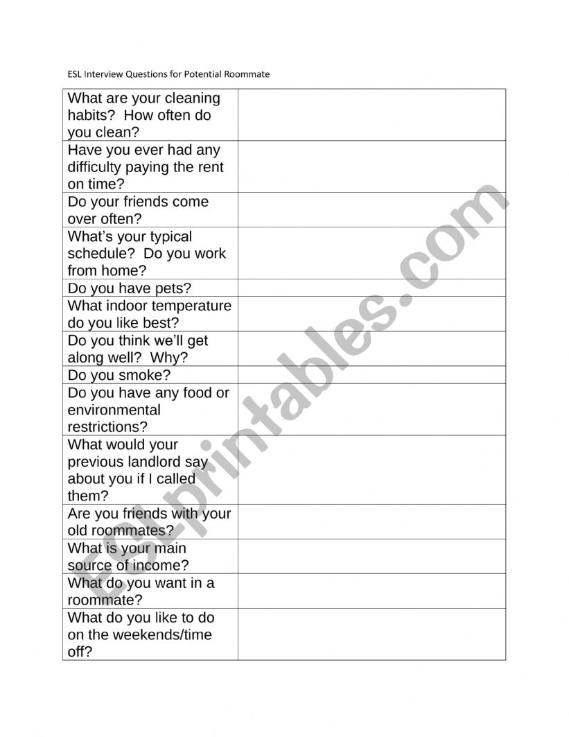 Roommate Interview Questions worksheet