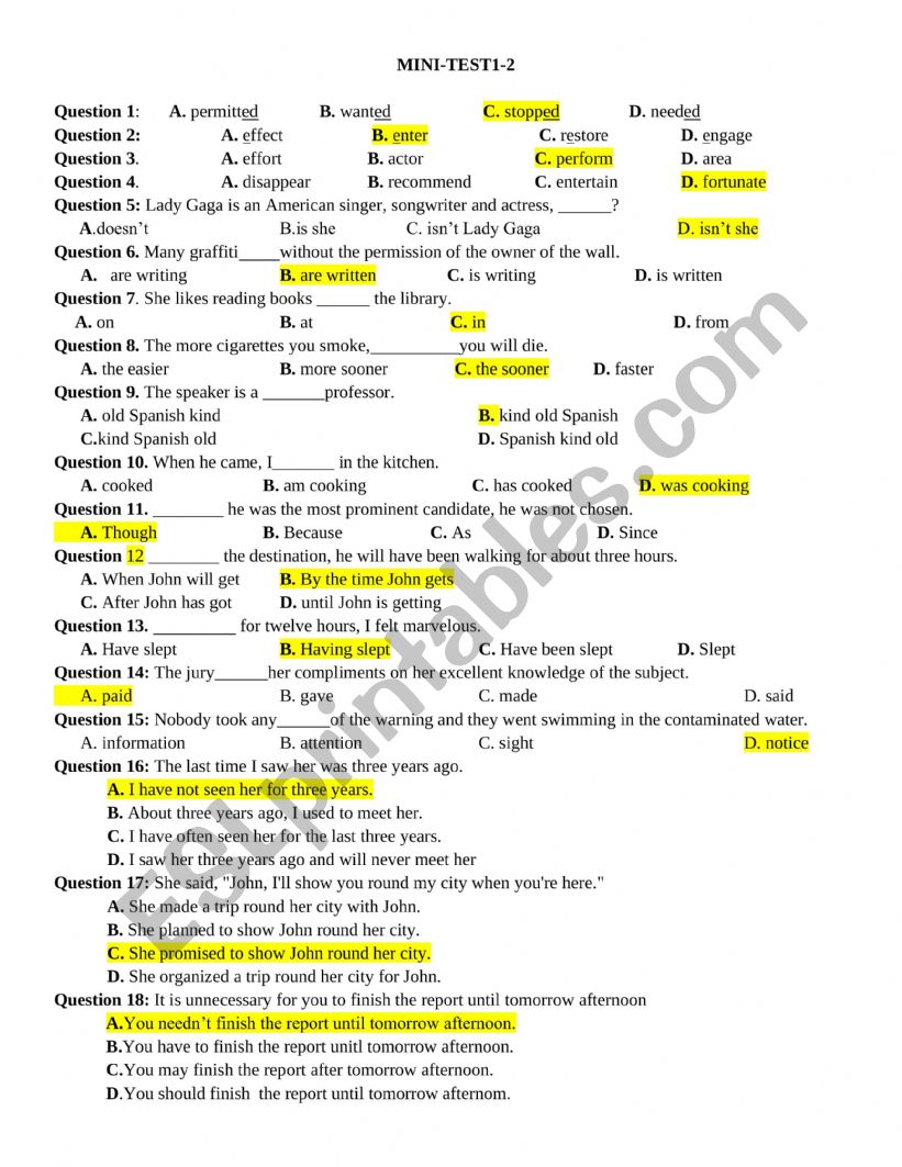 mini test worksheet