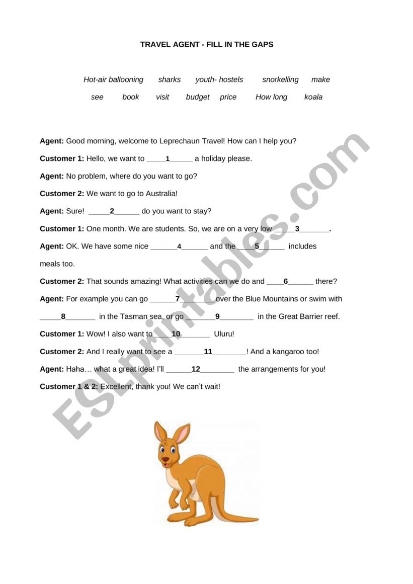 Australia Travel Agent Fill in the Gaps/Role Play