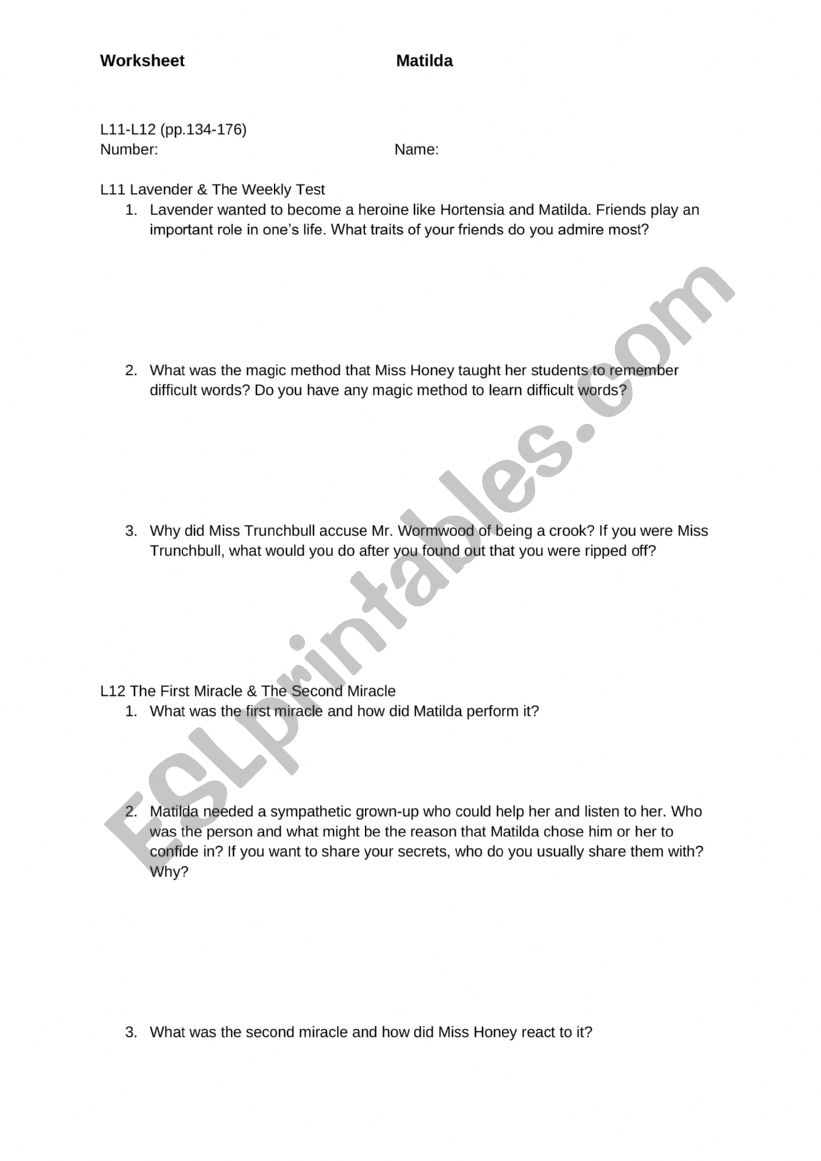 Matilda L11-L12 (pp.134-176) worksheet