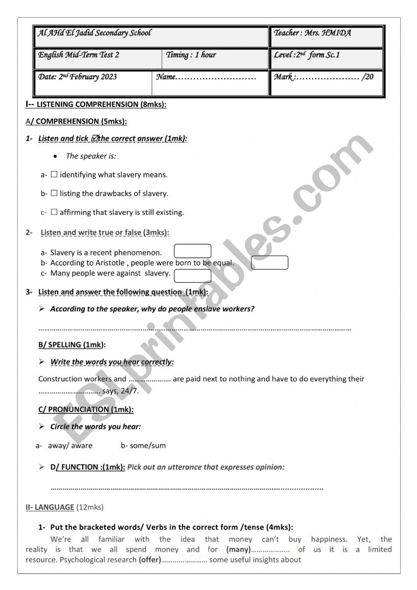 Mid-Term test 2. 2nd Form worksheet