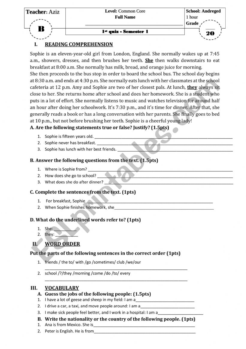 Quiz common core worksheet