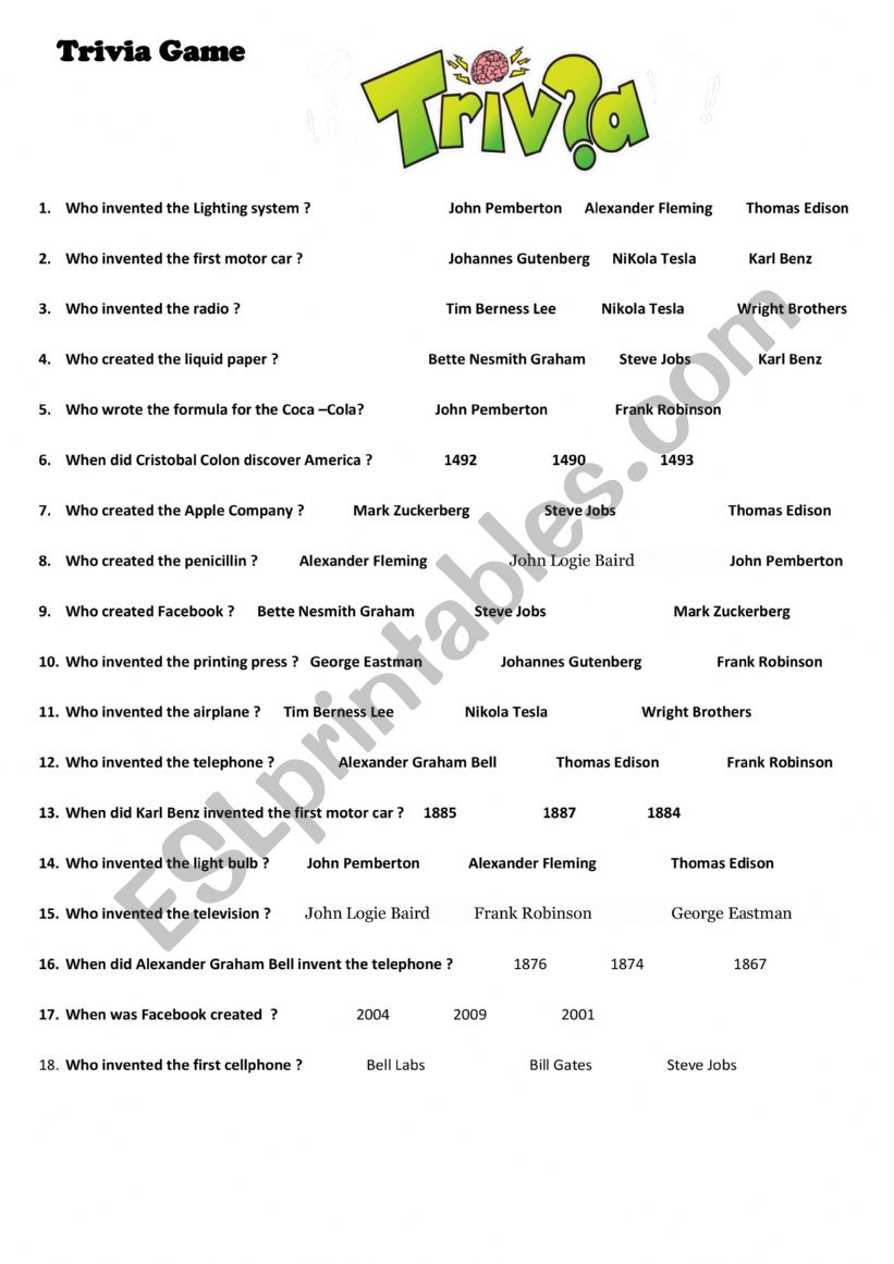 TRIVIA INVENTIONS  worksheet