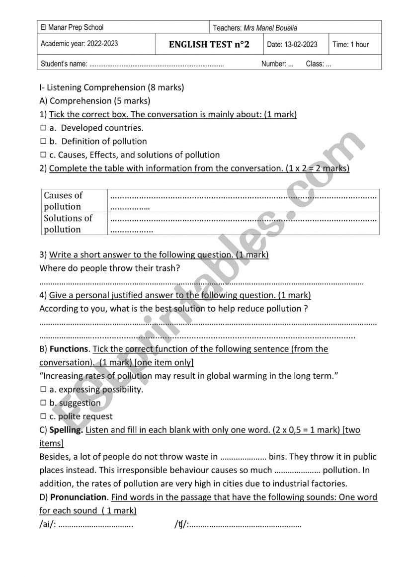 9th form mid term2 worksheet