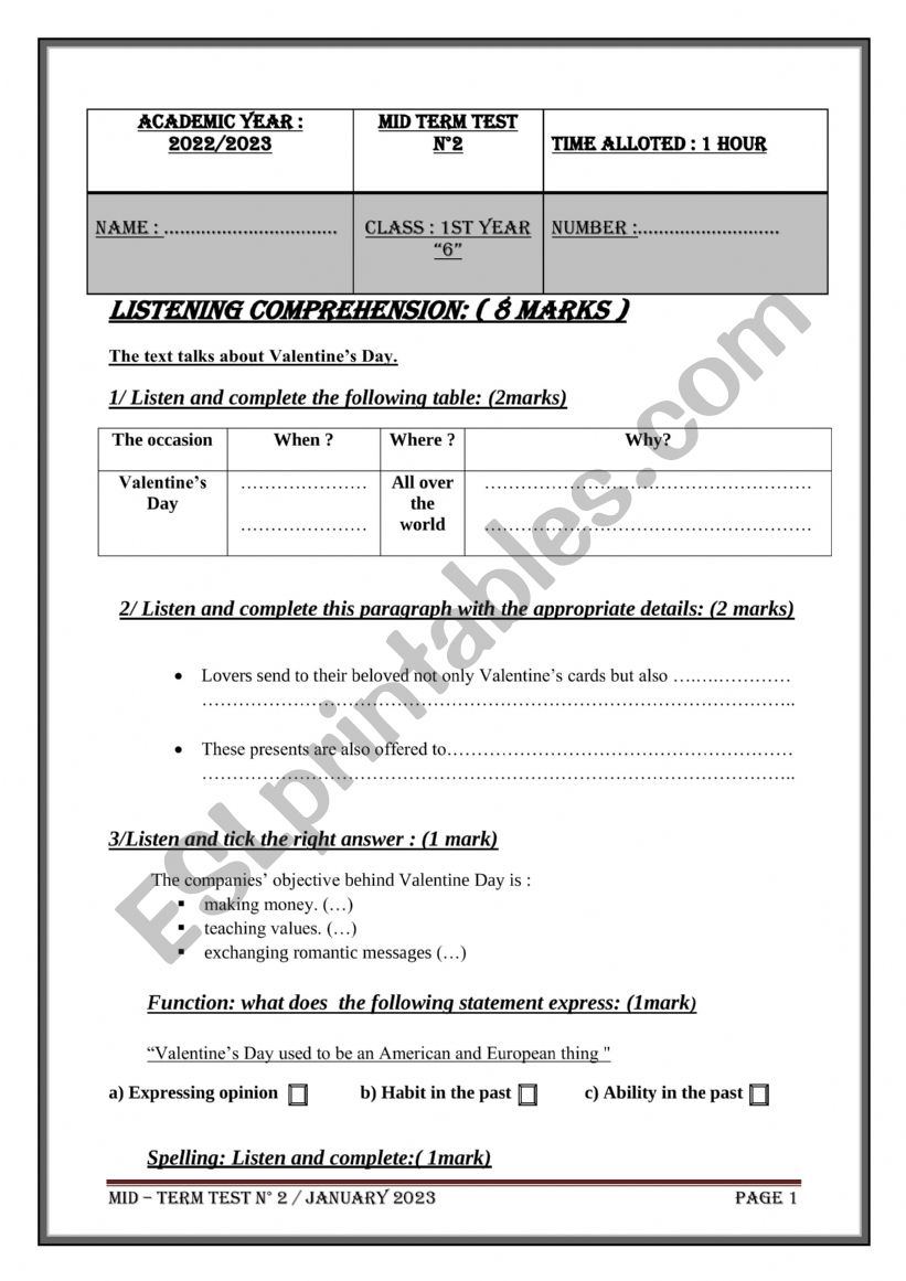 Mid term test 2 / 1st YEAR worksheet