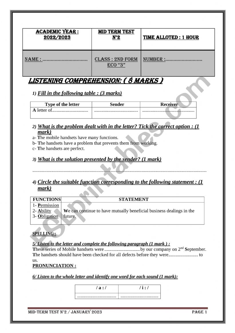 Mid term test 2 / 2nd YEAR worksheet
