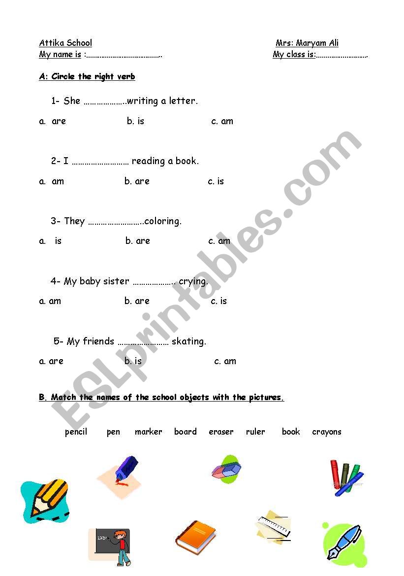 circle the right ver + match the names of the school items to the pictures