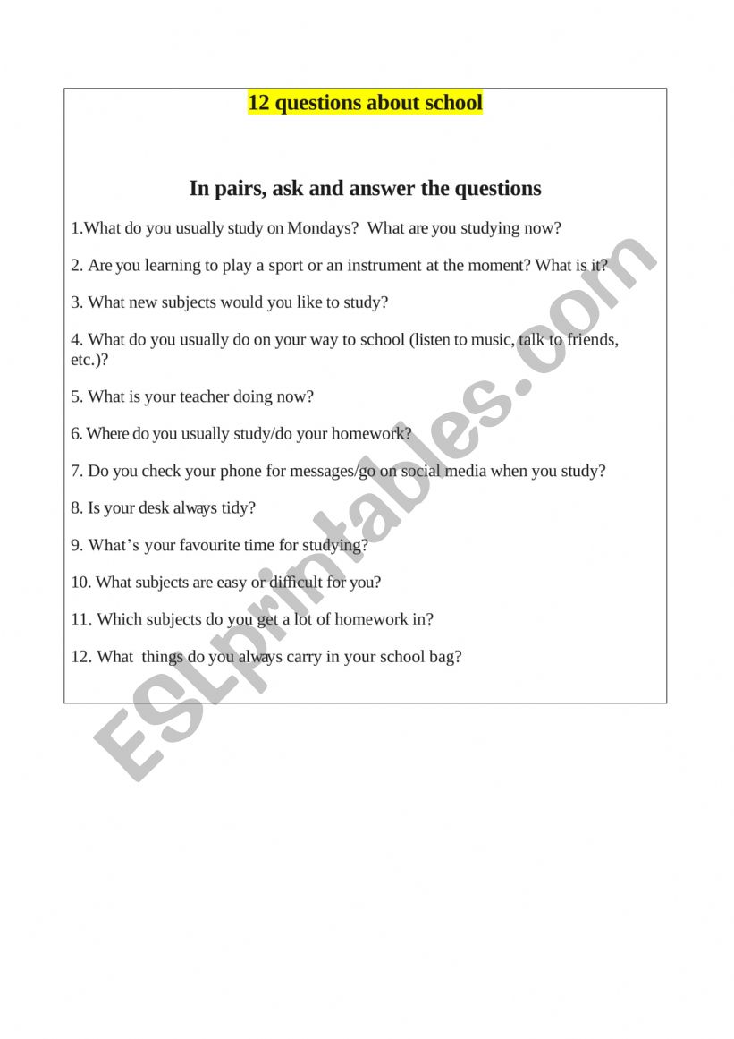 Questions about school worksheet