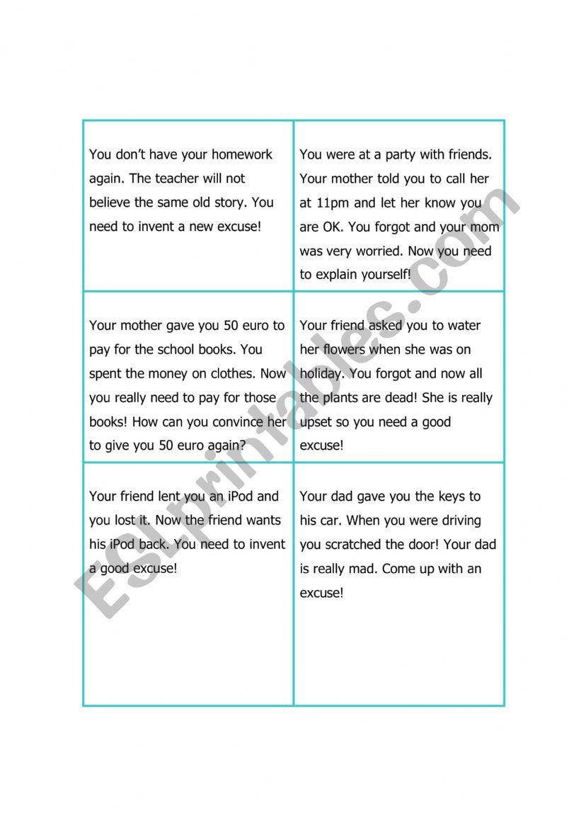 EXCUSES - SPEAKING ACTIVITY worksheet