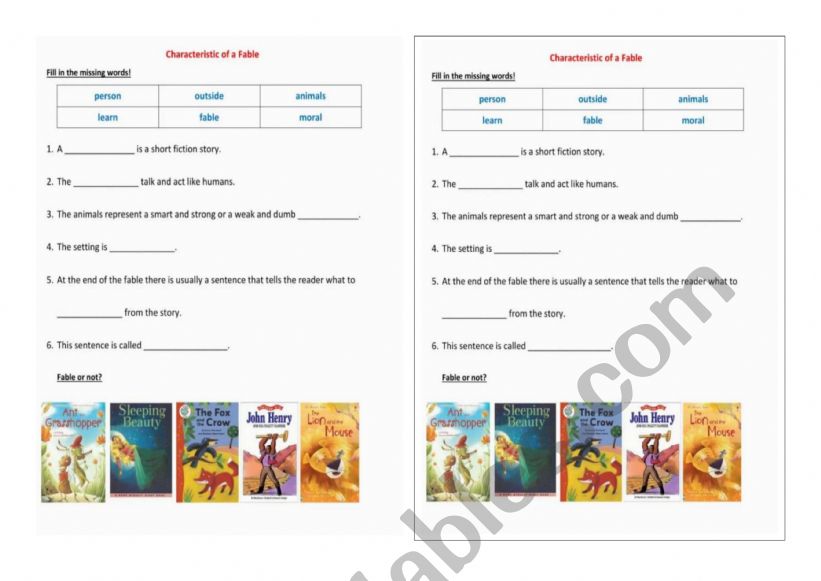 Characteristics of a fable  worksheet